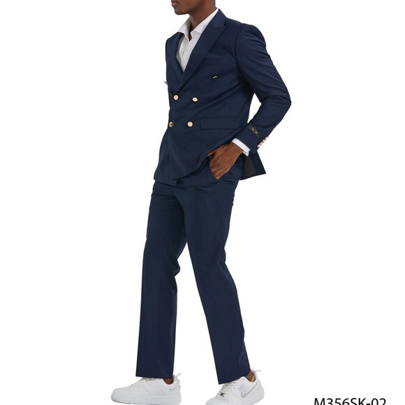 Navy Double Breasted Peak Lapel Gold Buttons Skinny Fit Tazzio Men's Suit